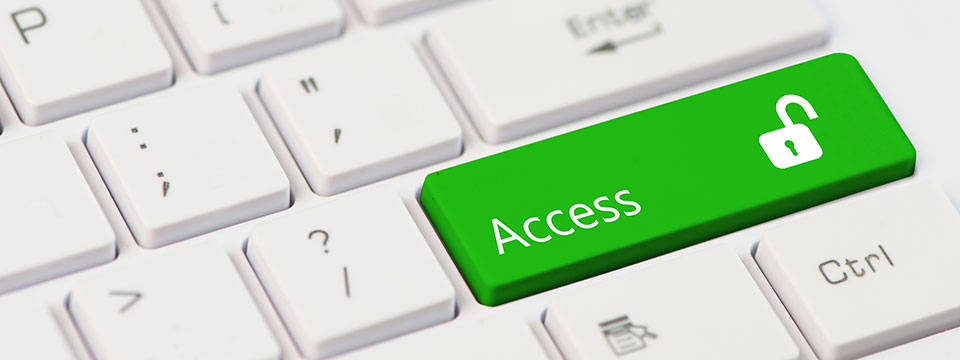 A white keyboard shows a large green 'Access' key in place of the 'Enter' key. Next to the word 'Access' on the key is an unlocked padlock.