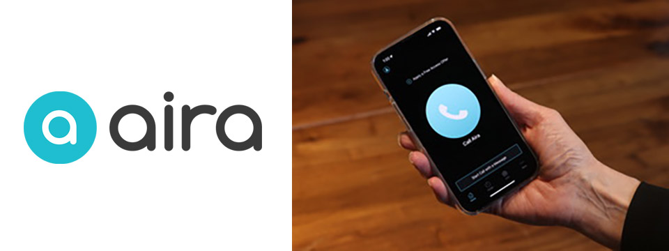 On the left is a hand holding a smart phone with the Aira app Home Screen displayed. On the right on a white field text reads 'NDEAM2022 Employment Is Empowerment' with the Aira logo underneath. The Aira logo is a lower case a in white in a blue-green circle.