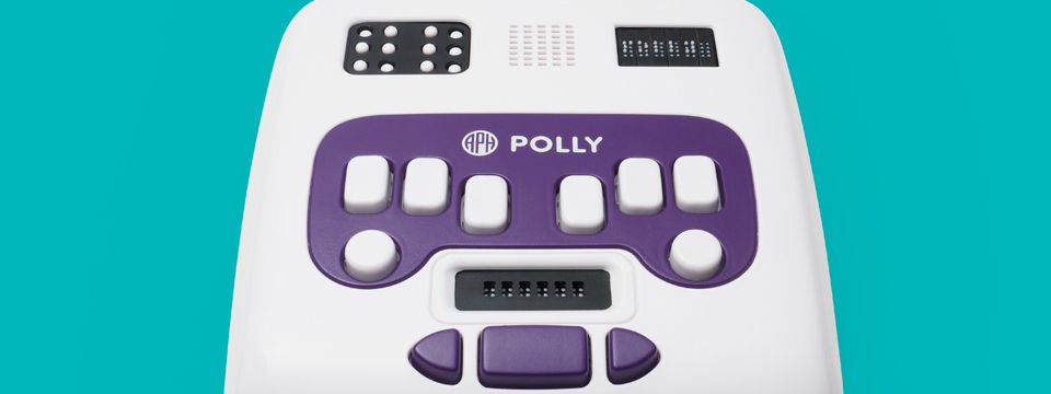 Overhead view of Polly showing the letters TL in the large braille display and the letters P-O-L-L-Y in the standard braille cells, Perkins-style keyboard, electronic slate, and navigation keys over a teal background.