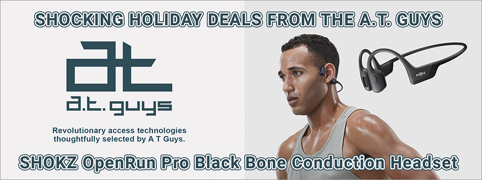 Top: Shocking Holiday Deals From The A. T. Guys. Left: The A. T. Guys logo. Right: A man in a tank top sweats while running and wearing a black SHOKZ OpenRun Pro Bone Conduction Headset. Bottom: SHOKZ OpenRun Pro Black Bone Conduction Headset.