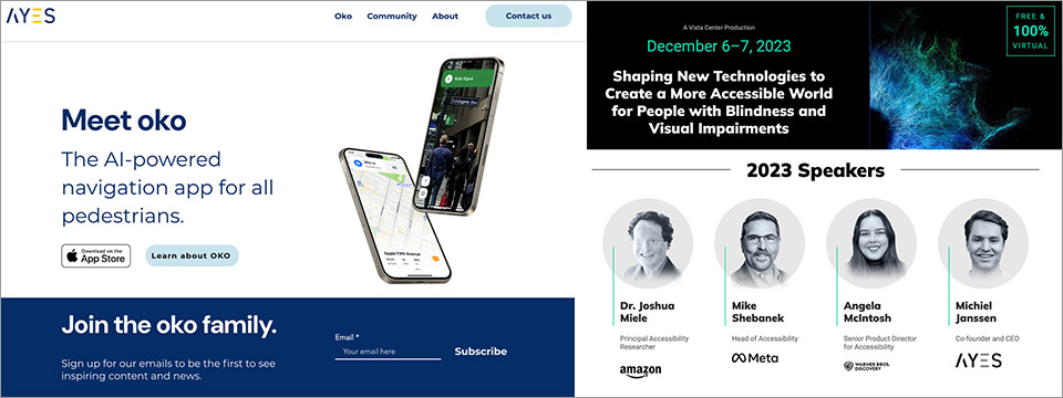 On the left a visual of the homepage of our brand website and on the right a visual of Sight Tech Global with oko being one of their guest speakers.