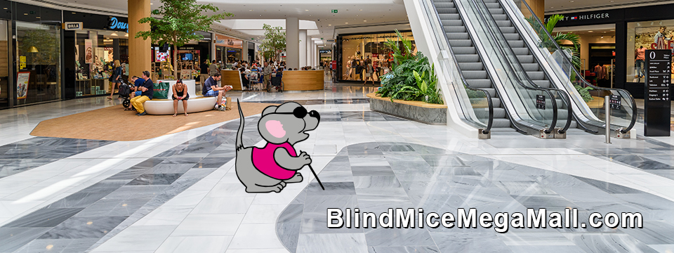 Our Blind Mice Mascot; A plump gray mouse wearing black sunglasses and a vest with a stitched on tail carrying an Ambutech White Cane stands in the middle of large mega mall with stores all around.'