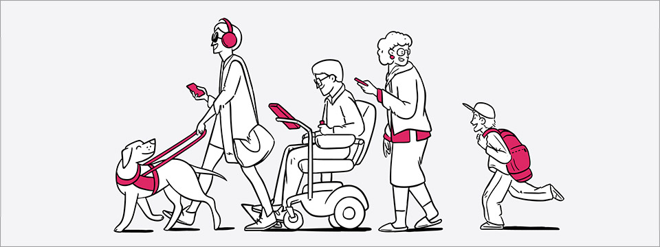 Illustration: four people in profile walking in a line to the left, representing the concept of 'shifting accessibility left'. This includes a man wearing sunglasses and headphones with a guide dog, a man using a power wheelchair and tablet, and an older woman holding a cell phone, looking back at a young boy running to catch up.