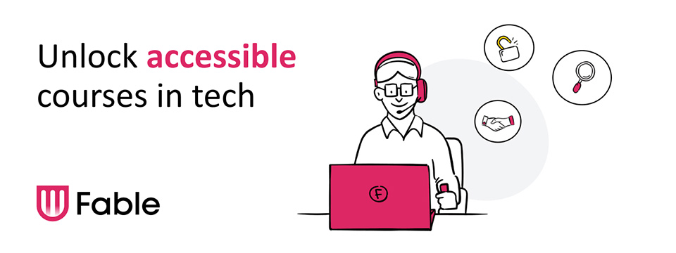 'Unlock Accessible Courses in Tech' and an illustration of a person using a joystick to operate a laptop.