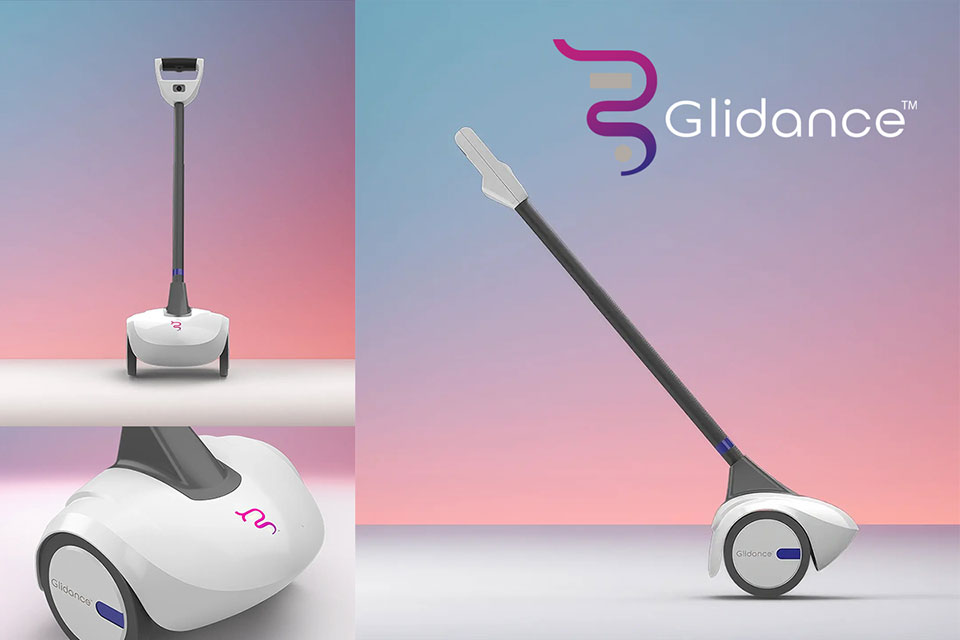 Three different perspective photos of the Glide self-guided primary mobility aid.