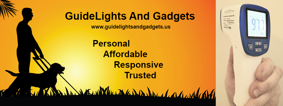 GuideLights And Gadgets logo. The silhouette of a man with a cane in one hand and the harness of a trained guide dog in the other walk together through the grass at sunrise. GuideLights And Gadgets. Personal. Affordable. Responsive. Trusted.