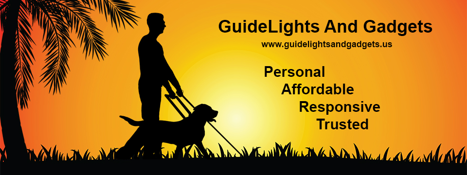 GuideLights And Gadgets logo. The silhouette of a man with a cane in one hand and the harness of a trained guide dog in the other walk together through the grass at sunrise. GuideLights And Gadgets. Personal. Affordable. Responsive. Trusted.