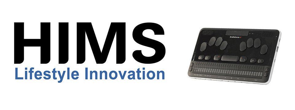 HIMS, inc. logo next to image of the BrailleSense 6 32-cell notetaker.