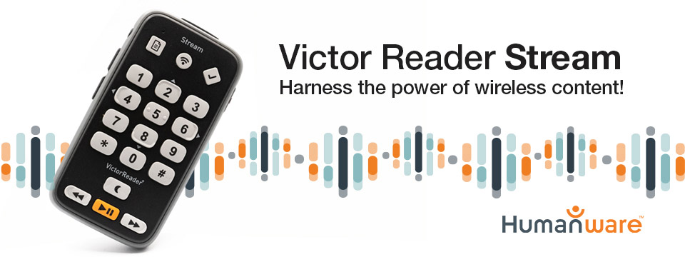 The Victor Reader Stream with a colored audio wave in the background.