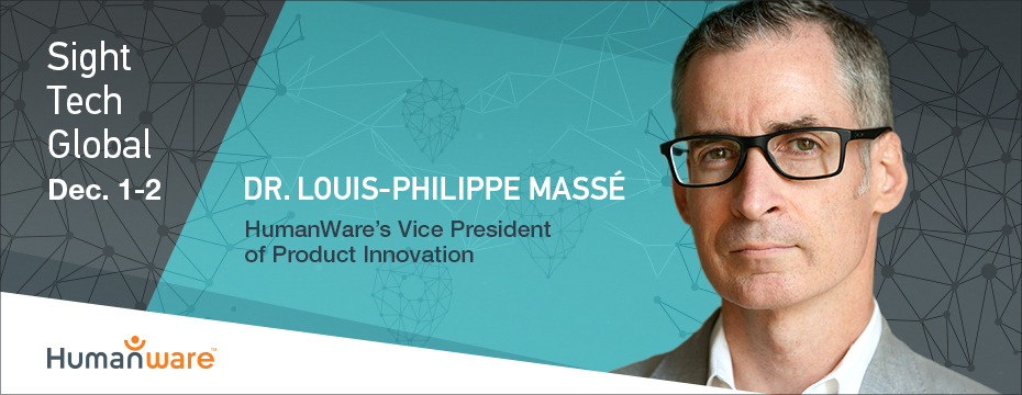 Louis-Philippe Masse, Vice President of Product Innovation at HumanWare, against a background of a network of dots, polygons, and connected lines illustrating the concept of itinerary, location, and travel.'