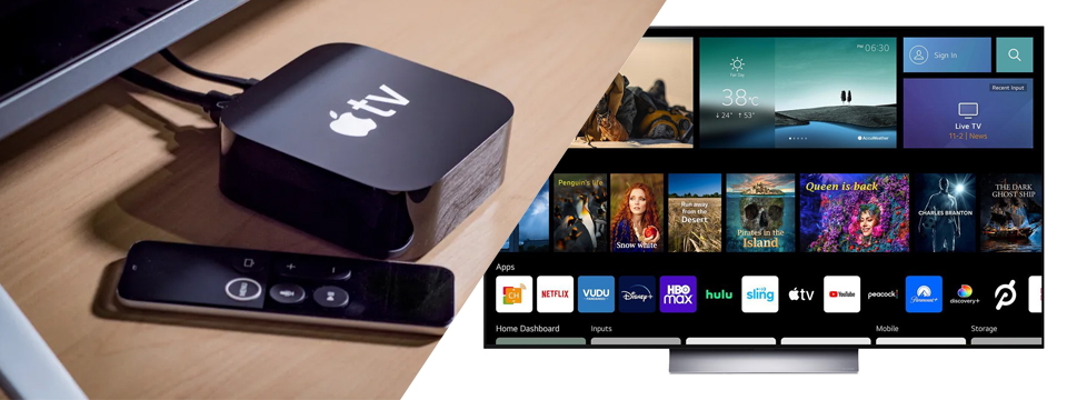 Apple TV Set Top Box on the left. LG Smart TV on the right. 