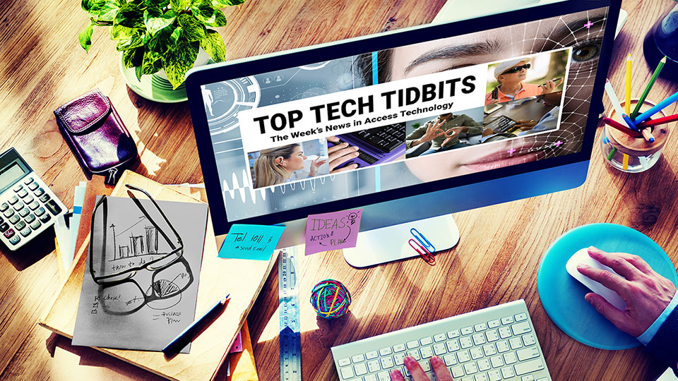 A cluttered desk features a computer monitor prominently displaying the Top Tech Tidbits newsletter. Surrounding the monitor are various office supplies, including a calculator, a notepad with a hand-drawn graph and glasses, colorful pens in a cup, a ruler, and a coiled rubber band ball. Sticky notes with reminders, including one that says 'IDEAS: Action #1 Plan' and another with a phone number and email prompt, are affixed to the desk. A person's hands are seen typing on a keyboard and using a mouse, suggesting active engagement in work. A leafy green plant adds a touch of nature to the workspace.
