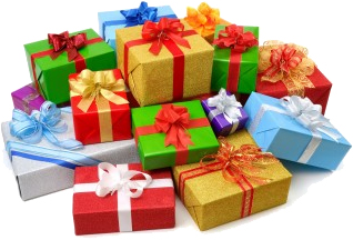 Photo of a large stack of brightly colored presents of various sizes and shapes stacked on top of one another. Each gift tied with a large, ornate, and colorful bow.'