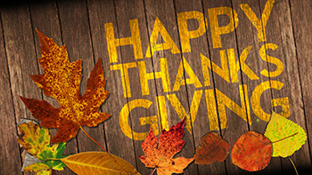 Photo of a a very autumn-looking wooden deck upon which are spread fall leaves of various colors and types surrounding the words 'Happy Thanksgiving'.