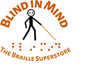 Logo. Blind in Mind, The Braille Superstore. Logo of stick figure walking confidently with white cane, surrounded by print words Blind in Mind - The Braille Superstore, with Blind in Mind spelled out in contracted Braille dots at bottom.