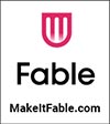 Fable logo. Pink shield logo with Fable in black text.