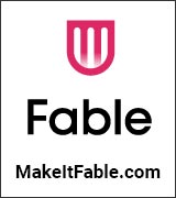 Fable logo. Pink shield logo with Fable in black text.