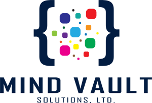 Mind Vault Solutions, Ltd. logo. Two large dark blue curly brackets hold inside of them a swarm of colored dots of varying sizes representaing information manipulated by code.