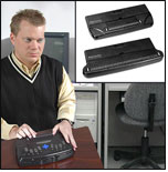 Photo of a Focus 40-Cell Braille Terminal and a Focus 80-Cell Braille Terminal above a photo of a man working on a PC using a Focus 80-Cell Braille Terminal.