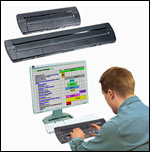 Photo of a Focus 40-Cell Braille Terminal and a Focus 80-Cell Braille Terminal above a photo of a man working on a PC using a Focus 80-Cell Braille Terminal.